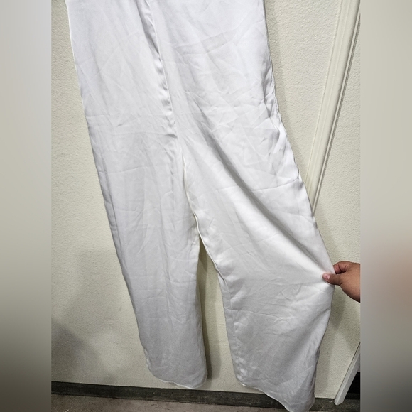 Lulus Stunning Promise White Satin Asymmetrical Wide-Leg Jumpsuit L Wedding - Picture 8 of 9